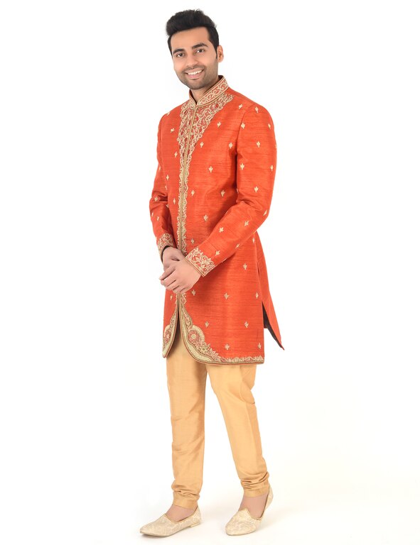 SMVM Indo Western Sherwani Mens Wear With Jardoshi Hand Work Orange Colour (38)